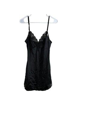 VTG 70s Chantilly Maidenform Black Antron Nylon Lace Trim Slip Dress S